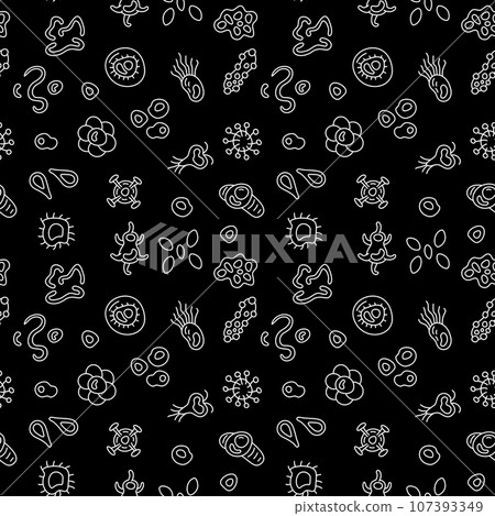 Bacterium and Viruses vector Bioengineering concept line dark seamless pattern Bacterium and Viruses vector Bioengineering concept line dark seamless pattern 107393349