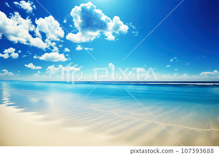 Empty white beach with a bright blue sky. Idyllic tropical seascape. Paradise beach. Generative AI Empty white beach with a bright blue sky. Idyllic tropical seascape. Paradise beach. Generative AI 107393688