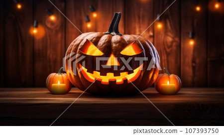 Scary Halloween pumpkin with glowing eyes on wooden planks at night 107393750
