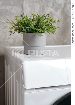 Cropped photos of bathroom interior with washing machine Cropped photos of bathroom interior with washing machine 107393789