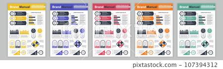 DIN A3 business brand manual templates set. Company identity brochure page with infographic financial data. Marketing research, and commercial offer. Vector layout design for poster, cover, brochure 107394312