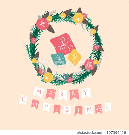 Christmas card with a Christmas wreath and gifts on a beige background with snowflakes. 107394436