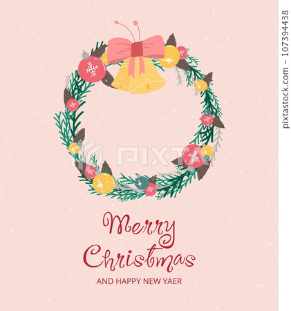 Christmas card with a Christmas wreath and bells on a beige background with snowflakes. Christmas card with a Christmas wreath and bells on a beige background with snowflakes. 107394438