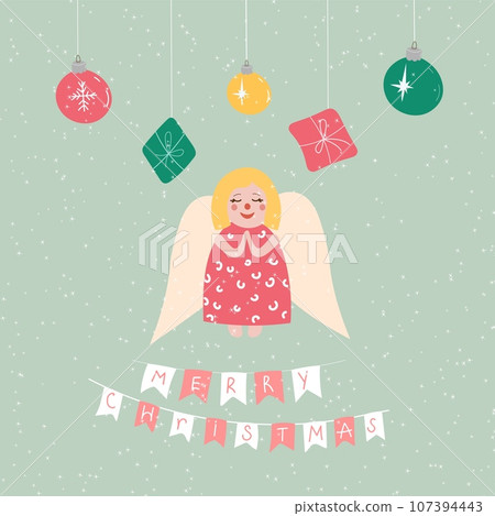 Christmas card with angel, Christmas toys, flags on a light green background with snowflakes. Christmas card with angel, Christmas toys, flags on a light green background with snowflakes. 107394443