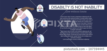 Vector illustration, banner, depicting people with disabilities.A person with disabilities goes in for sports. 107394445