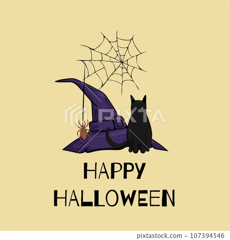 Vector Halloween illustration for a poster or greeting card. A witch hat, a cat and spider web on a yellow background 107394546