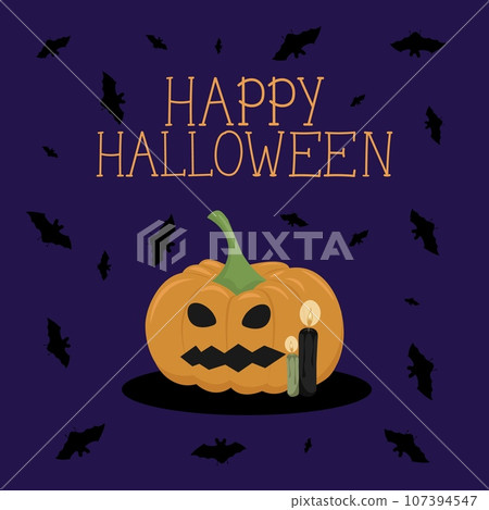 The vector illustration of Happy Halloween can be used as a banner or a greeting card. Pumpkin, bats, and a candles on a violet background. The vector illustration of Happy Halloween can be used as a banner or a greeting card. Pumpkin, bats, and a candles on a violet background. 107394547