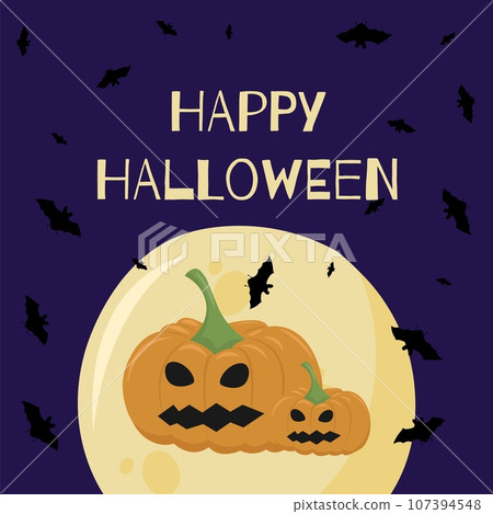 The vector illustration of Happy Halloween can be used as a banner or a greeting card. Pumpkin, bats, and a moon on a violet background. The vector illustration of Happy Halloween can be used as a banner or a greeting card. Pumpkin, bats, and a moon on a violet background. 107394548