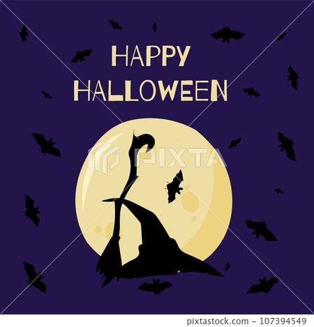 The vector illustration of Happy Halloween can be used as a banner or a greeting card. Witch hat and broom, bats, on a violet background. 107394549