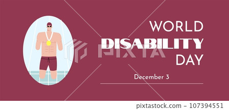 World Disability Day Banner or Card Flat Vector Illustration. Swimmer without arms and legs with a medal on his chest. World Disability Day Banner or Card Flat Vector Illustration. Swimmer without arms and legs with a medal on his chest. 107394551