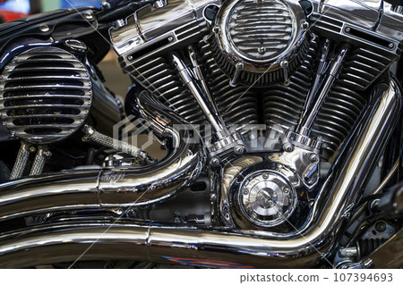 Motorcycle engine. Biker motorcycle with chromed new engine. 107394693