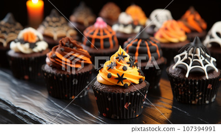 Sweets for Halloween. Cookies and cupcakes with decorations Sweets for Halloween. Cookies and cupcakes with decorations 107394991