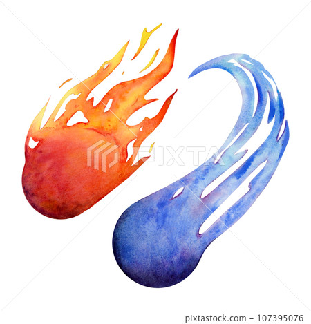 Watercolor drawing set of two flying orange and blue fiery flame comets. Scillfully painted illustration isolated on white background. Looks like flying soccer balls. For logo banners cards stickers 107395076