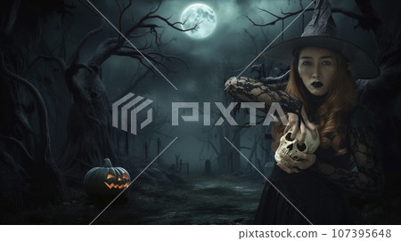 Halloween witch holding a skull, Generative AI 107395648