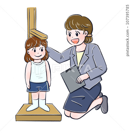 Girl taking body measurements at school Girl taking body measurements at school 107395785