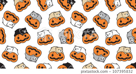 bear polar seamless pattern Halloween pumpkin sleeping vector pet doodle cartoon character tile background gift wrapping paper repeat wallpaper scarf isolated 107395832