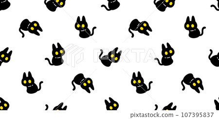 cat seamless pattern Halloween black kitten calico sitting vector doodle cartoon character gift wrapping paper tile background repeat wallpaper scarf isolated 107395837