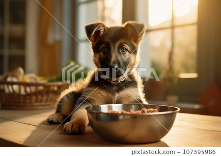 German Shepherd puppy eats food from bowl in sun-drenched kitchen. Dog food 107395986