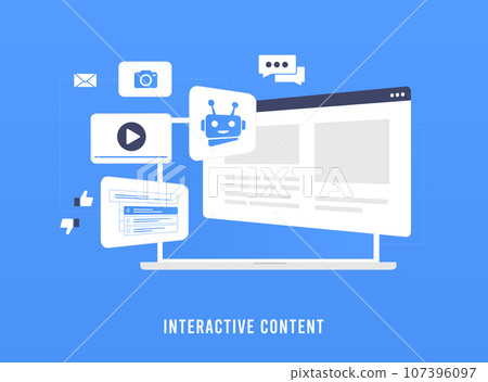 Interactive content marketing concept. Interactive content engages audiences actively for better experience. It includes quizzes, calculators, polls, games, photo, dynamic presentations, video content 107396097