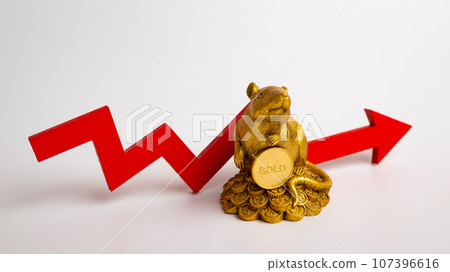 A figurine of a mouse with a gold coin and chart. Concept of unstable currency exchange rates and precious metals price A figurine of a mouse with a gold coin and chart. Concept of unstable currency exchange rates and precious metals price 107396616