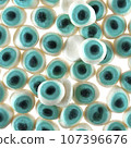 Texture of randomly scattered gelatin candies made in the form of blue eyes. 107396676