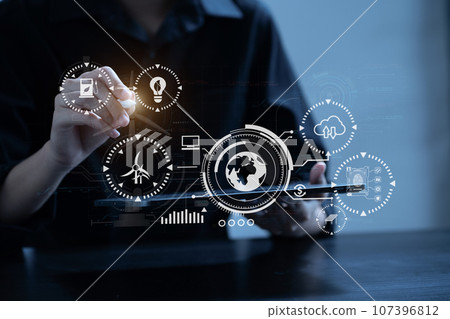 Female using tablet for working technology and business,  Renewable energy-based green businesses and global warming. Reduce CO2 emission. 107396812