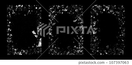 Distressed background overlay with vintage elements such as dirt, scratches, and old paper texture. Flat vector illustration isolated on white background. 107397063