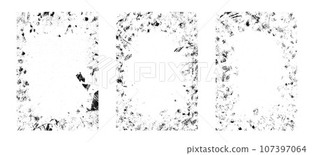 Hand drawn frame with a rough, torn edge featuring grunge elements and ink splatters. vintage photos or stamp for spray painting techniques. Flat vector illustration isolated 107397064