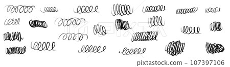Inky black grunge texture spiral and brush strokes. lines, and rough shapes. Flat vector illustration isolated on white background. 107397106
