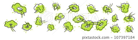 Cartoon icon of stinky green cloud bad odor, farts, or toxic gas. Smell or poison. Flat vector illustration isolated on white background. 107397184