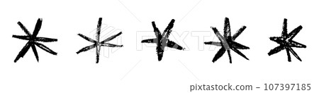 Grunge black stars brush strokes and spray paint. texture, graffiti elements, and vintage ink border. Flat vector illustration isolated on white background. 107397185