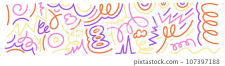 Squiggle pattern memphis. Abstract line and shapes. Fun and colorful children's party pattern. Isolated vector illustrations on white background. Squiggle pattern memphis. Abstract line and shapes. Fun and colorful children's party pattern. Isolated vector illustrations on white background. 107397188