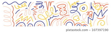 Squiggle pattern memphis. Abstract line and shapes. Fun and colorful children's party pattern. Isolated vector illustrations on white background. Squiggle pattern memphis. Abstract line and shapes. Fun and colorful children's party pattern. Isolated vector illustrations on white background. 107397190