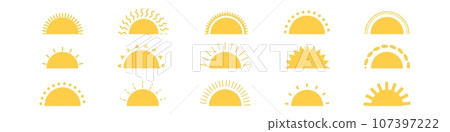 Sun icon set. Sunrise, sunset, rays, and sunburst elements. Flat vector illustration isolated on white background. Sun icon set. Sunrise, sunset, rays, and sunburst elements. Flat vector illustration isolated on white background. 107397222