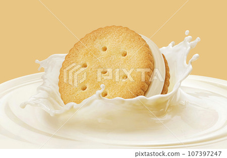 Sandwich cookie falling into milk splash isolated on color background 107397247