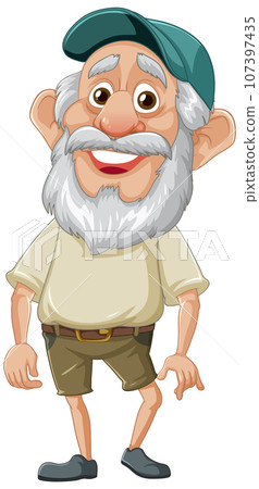 Cheerful Cartoon Character of an Old Grandfather Wearing a Cap Cheerful Cartoon Character of an Old Grandfather Wearing a Cap 107397435