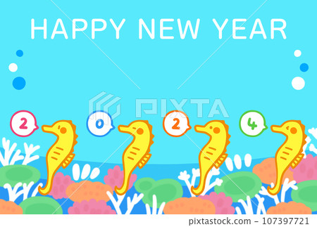 2024 年龍年新年賀卡模板，帶有可愛的海馬插圖 107397721