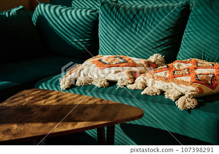 Living room interior with green sofa and coffee table with sunlight. Place for relax at cozy home. 107398291