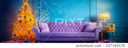 holiday background in a retro living room, with a tinsel-covered aluminum Christmas tree and vintage ornaments. Generative AI holiday background in a retro living room, with a tinsel-covered aluminum Christmas tree and vintage ornaments. Generative AI 107398576