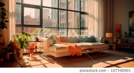 studio apartment with large windows and sheer curtains, allowing ample natural light to fill the space and enhance the minimalist aesthetics . Generative AI studio apartment with large windows and sheer curtains, allowing ample natural light to fill the space and enhance the minimalist aesthetics . Generative AI 107398901