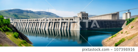 View of a large reservoir and hydroelectric power station. Generative AI 107398916