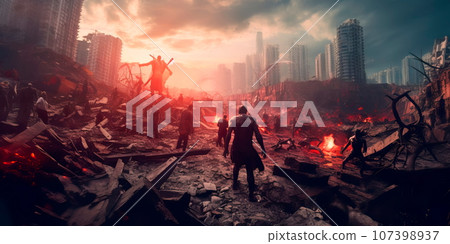 Zombie apocalypse in a big city with ruins and survivors on the roof. Generative AI 107398937