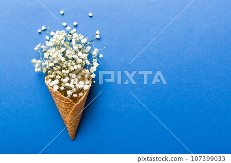 Waffle cone with beautiful gypsophila flowers on color background. summer concept. Copy space top view 107399033