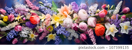 Fresh spring flowers in a baguette frame. Generative AI 107399135