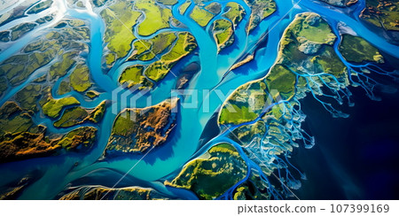 intricate aerial view of a river delta, with multiple channels branching out into a deltaic landscape, teeming with birdlife. Generative AI 107399169