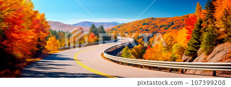 scenic route through a forested mountain pass, with vibrant autumn foliage and winding roads. Generative AI 107399208