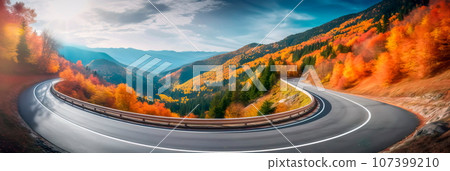 scenic route through a forested mountain pass, with vibrant autumn foliage and winding roads. Generative AI 107399210