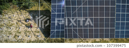Collage of photos of installation and ready solar panels in field at sunny day. Concept of renewable and ecological energy. Modern technology and innovation. Idea of environment safety. 107399475
