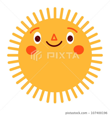 Sun character in cute style, face with a sticker. Sunshine with a smile for kids, doodled in a happy and fun way. Flat vector illustrations isolated in background. 107400196