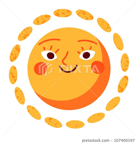 Sun character in cute style, face with a sticker. Sunshine with a smile for kids, doodled in a happy and fun way. Flat vector illustrations isolated in background. 107400197